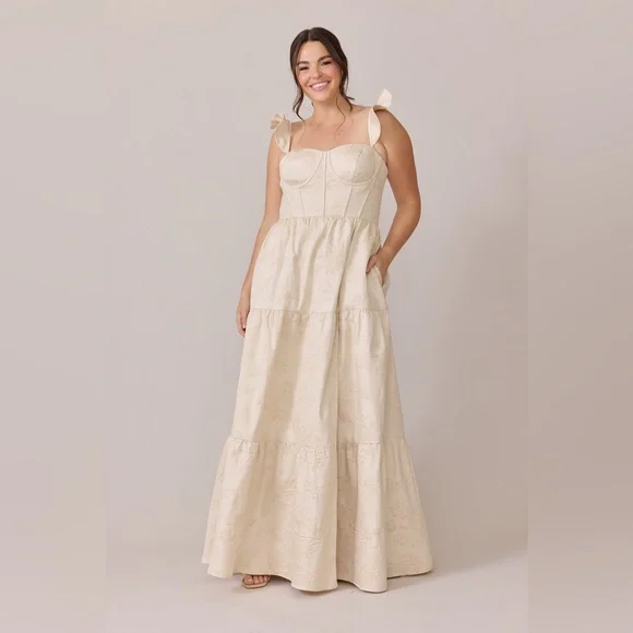 Revelry Luxe Violet Jacquard Dress Flutter Strap Corset Back Size 24 Champagne - Picture 2 of 16